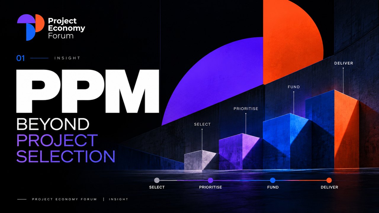Project Economy Forum Insight graphic titled “PPM beyond project selection”, showing four rising blocks labelled Select, Prioritise, Fund and Deliver along a timeline.