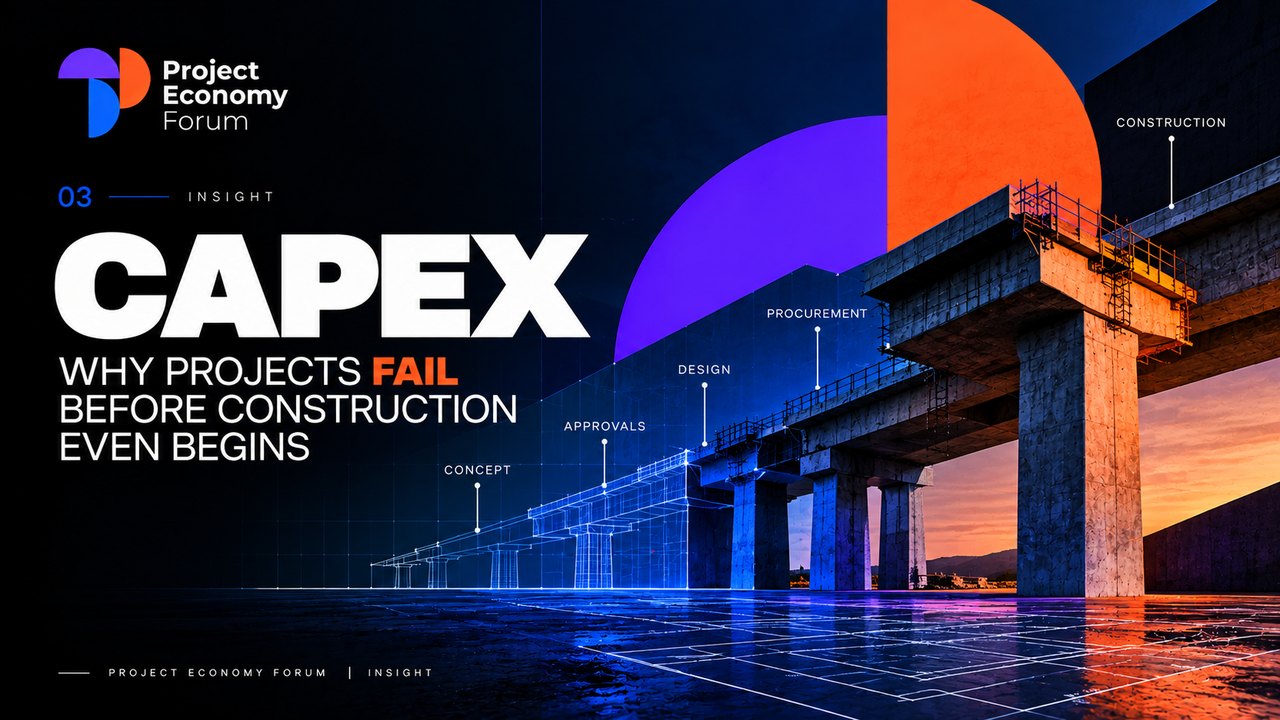 Project Economy Forum Insight graphic titled “CAPEX: why projects fail before construction even begins”, showing a bridge that turns from wireframe to concrete across the stages concept, approvals, design, procurement and construction.